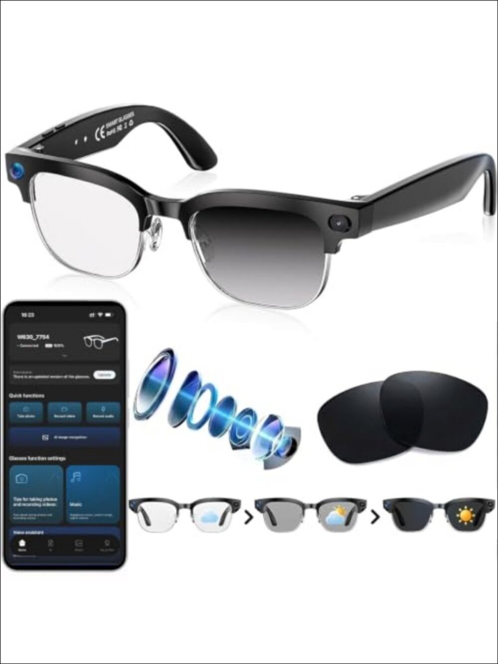 AI Smart Glasses 4K EIS Camera Photochromic Open-Ear HD Voice Assistant